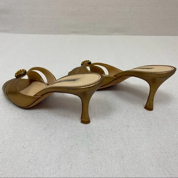 Manolo Blahnik Gold Leather Embellished Slide Sandals - Picture 3 of 9